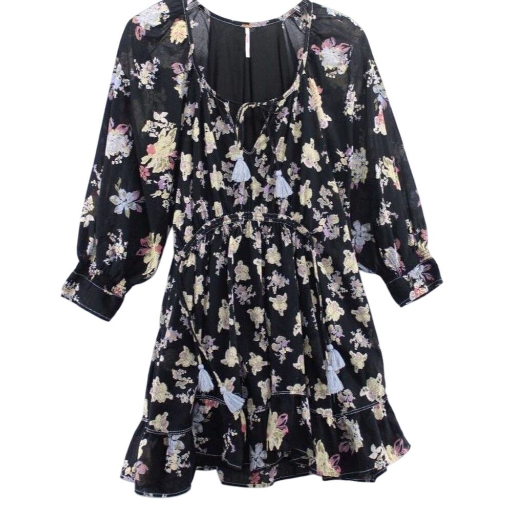 Free People Sz XS Camella Floral Print Mini Dress Boho Prairie Ruffle Tassel